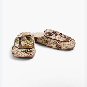 Tory Bury T Monogram Tory Charm Shearling Mule Cheetah Needlepoint slippers